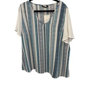 Bloomchic V-neck Striped Flutter Short Sleeve Blouse Polyester Blend Top Size 18